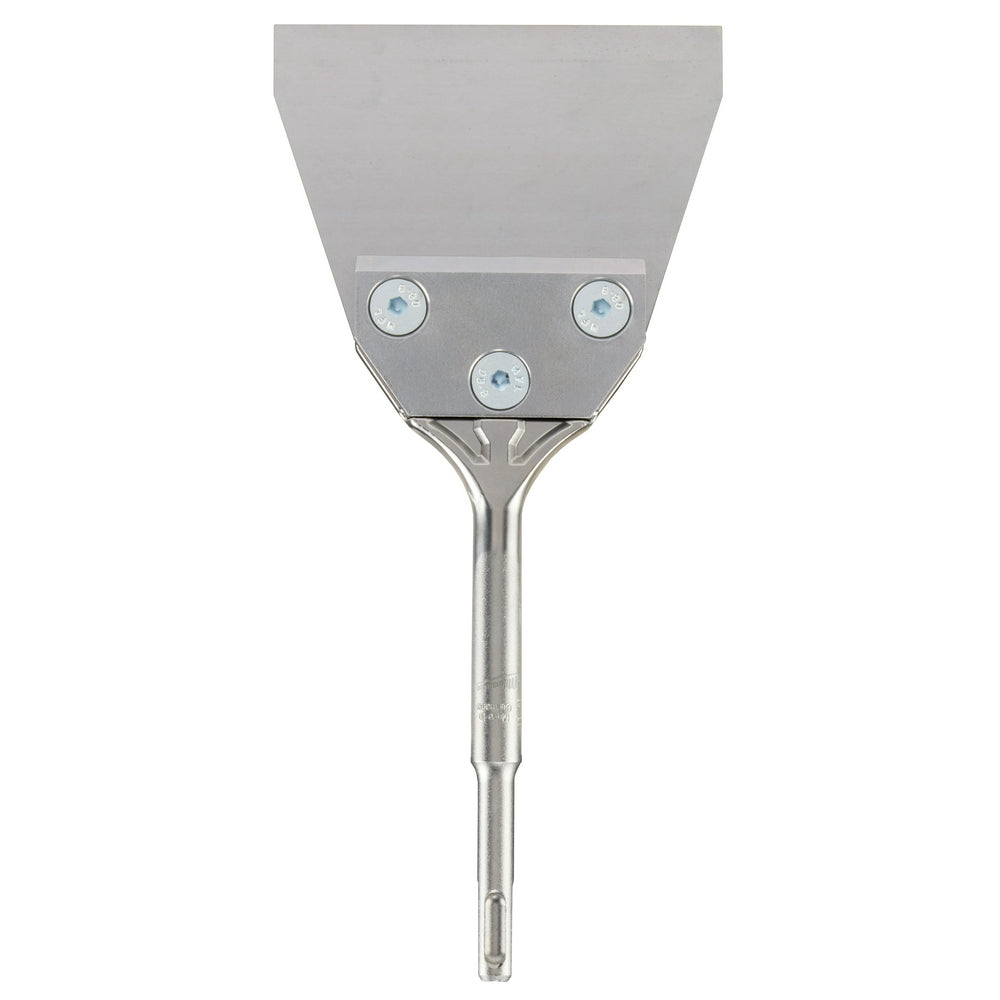 Wide metal floor scraper with flat rectangular blade and SDS Plus shank, three mounting holes visible on top surface.