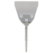 Wide metal floor scraper with flat rectangular blade and SDS Plus shank, three mounting holes visible on top surface.