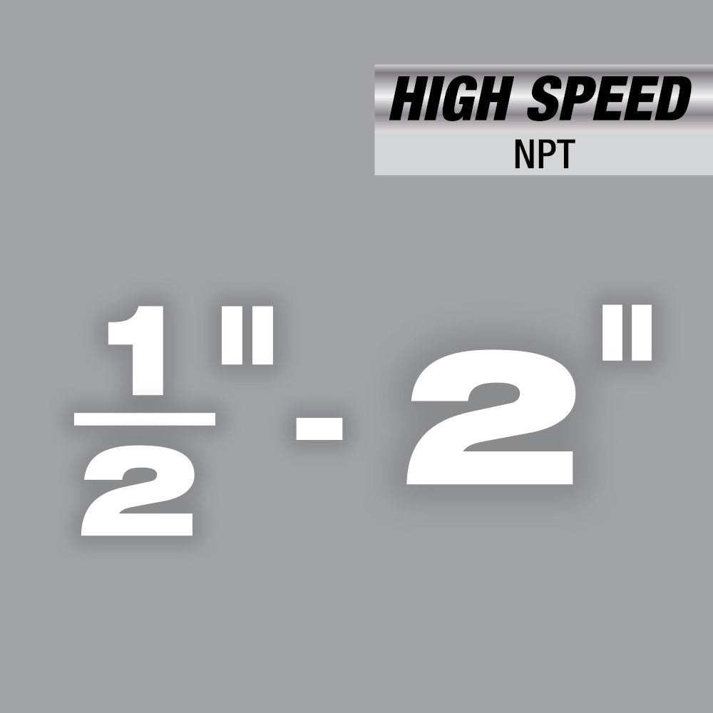 Milwaukee pipe threading die head kit for 1/2"-2" NPT with HIGH SPEED and NPT text displayed.