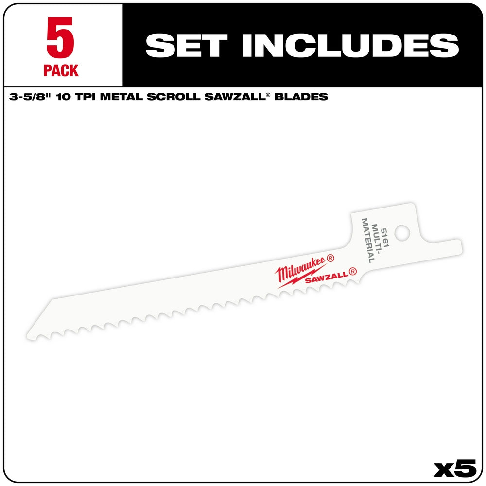 Five Milwaukee 3-5/8 inch metal scroll sawzall blades with 10 teeth per inch, displayed in a single blade view showing the se