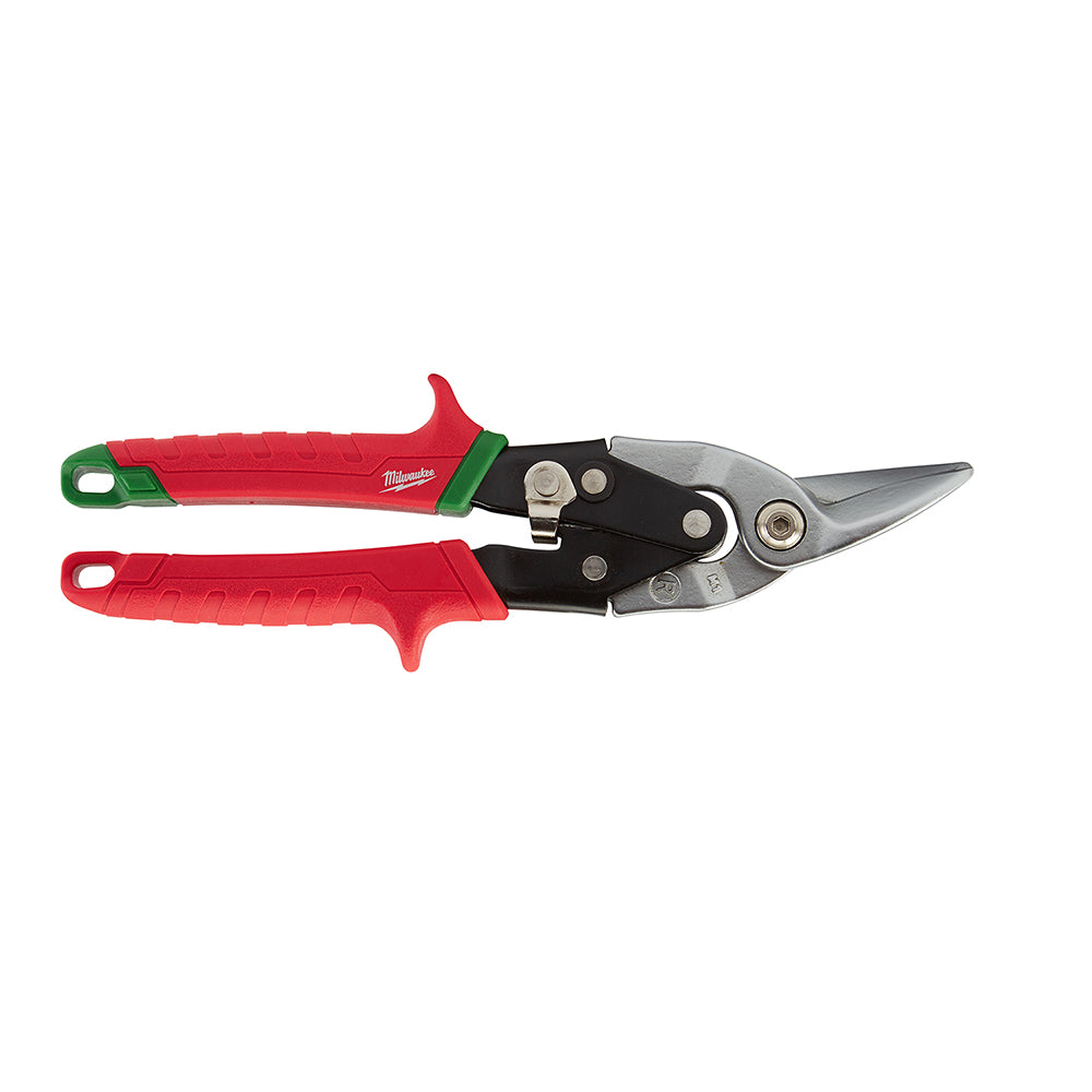 Red and green handle aviation snips with black metal cutting head and silver blades.
