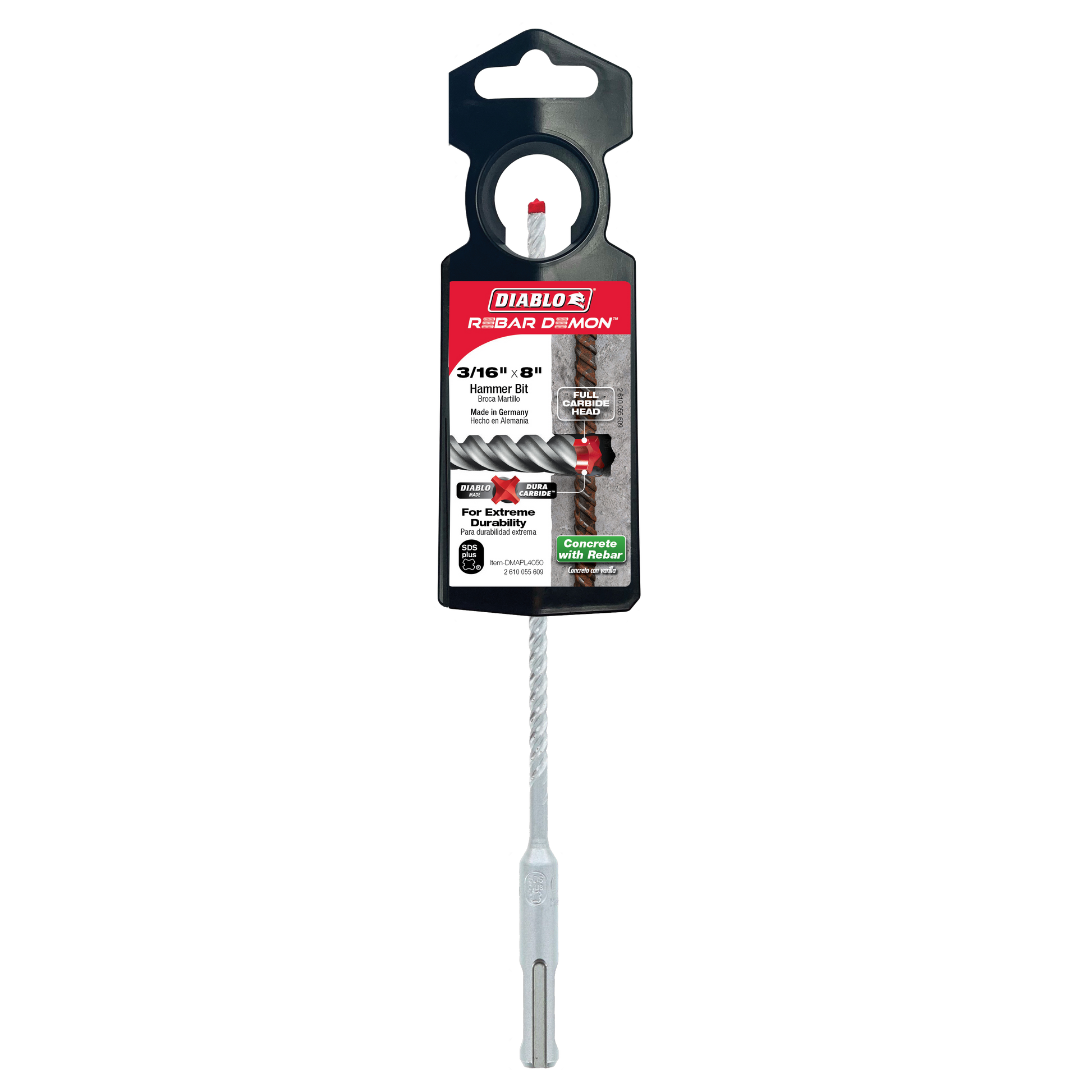 Diablo Rebar Demon 3/16 in. x 8 in. SDS-Plus hammer drill bit with carbide head and packaging.