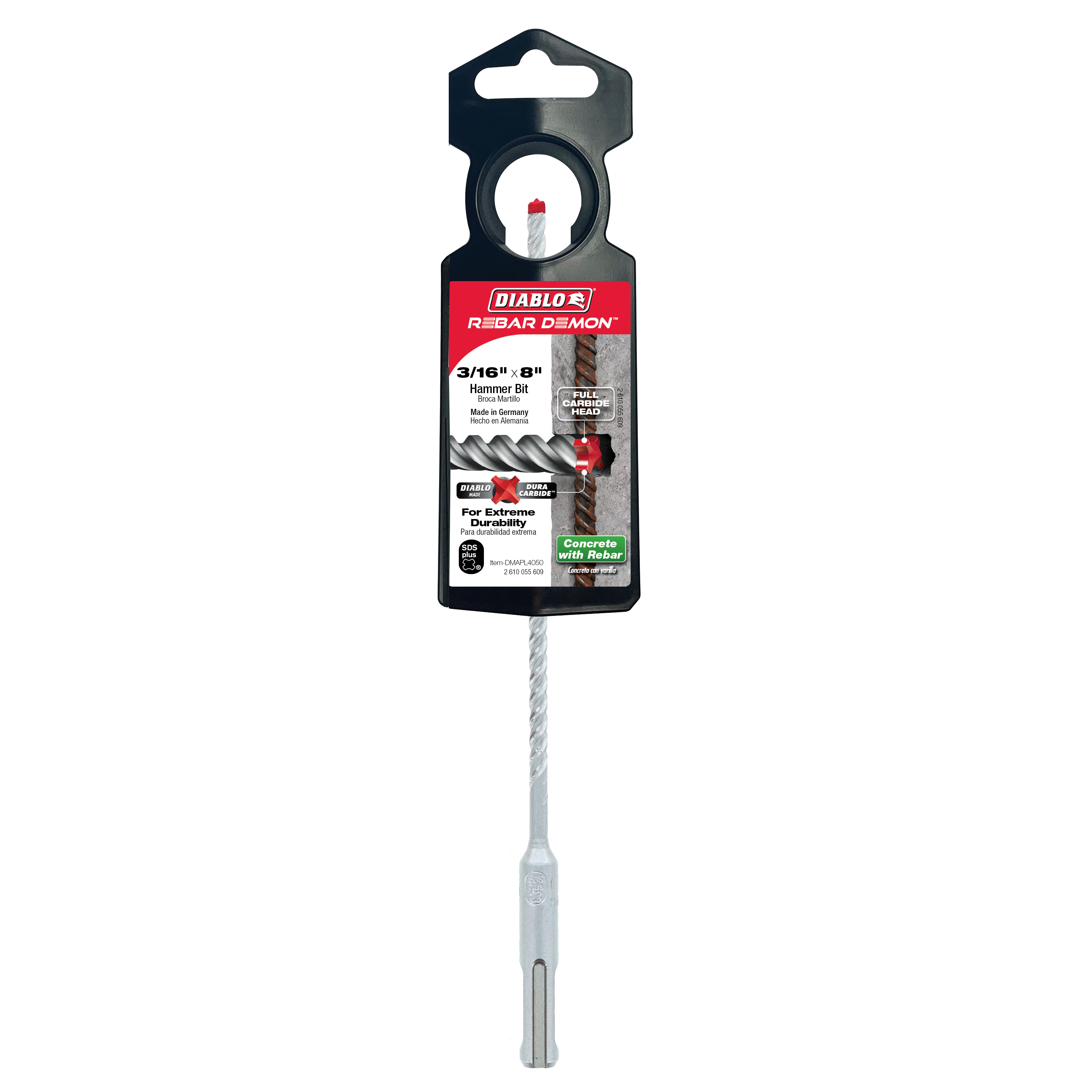 Diablo Rebar Demon 3/16 in. x 8 in. SDS-Plus hammer drill bit with carbide head and packaging.