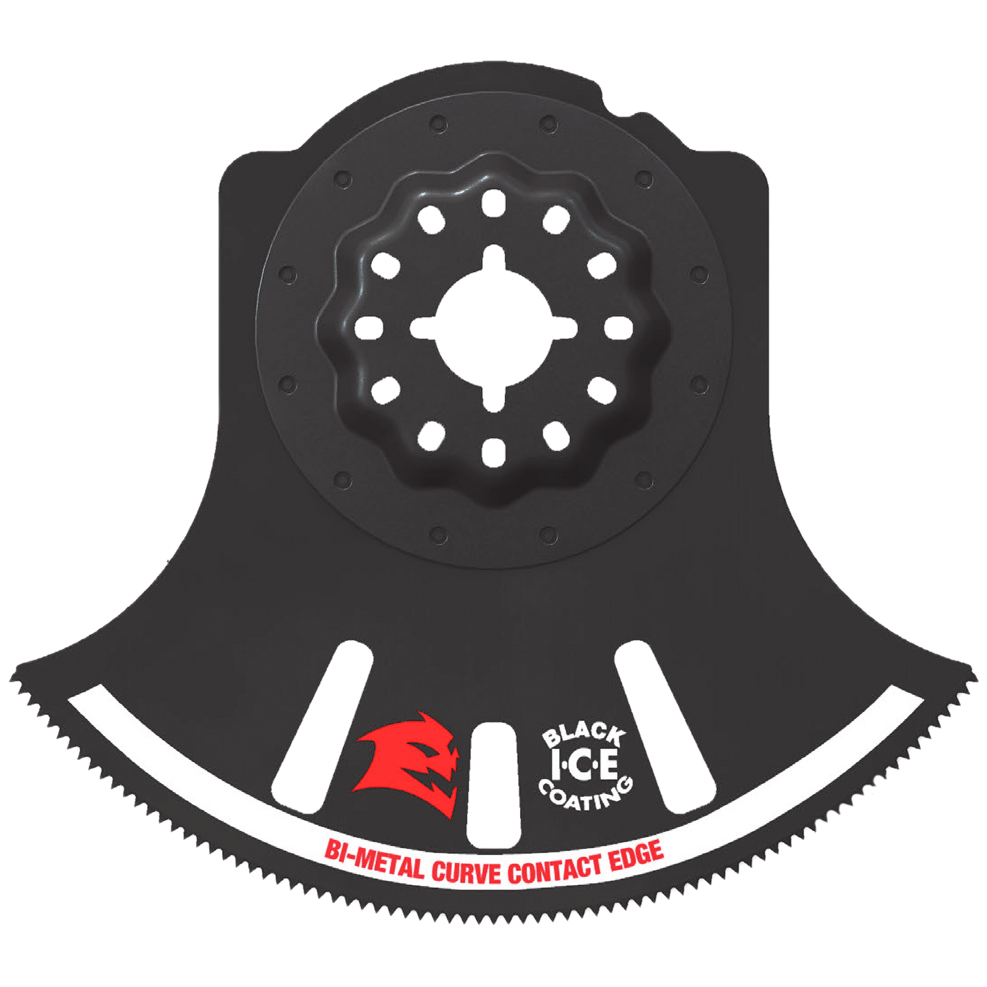 Black Diablo Starlock oscillating blade with curved cutting edge, white slots, and red "Black Ice Coating" branding.