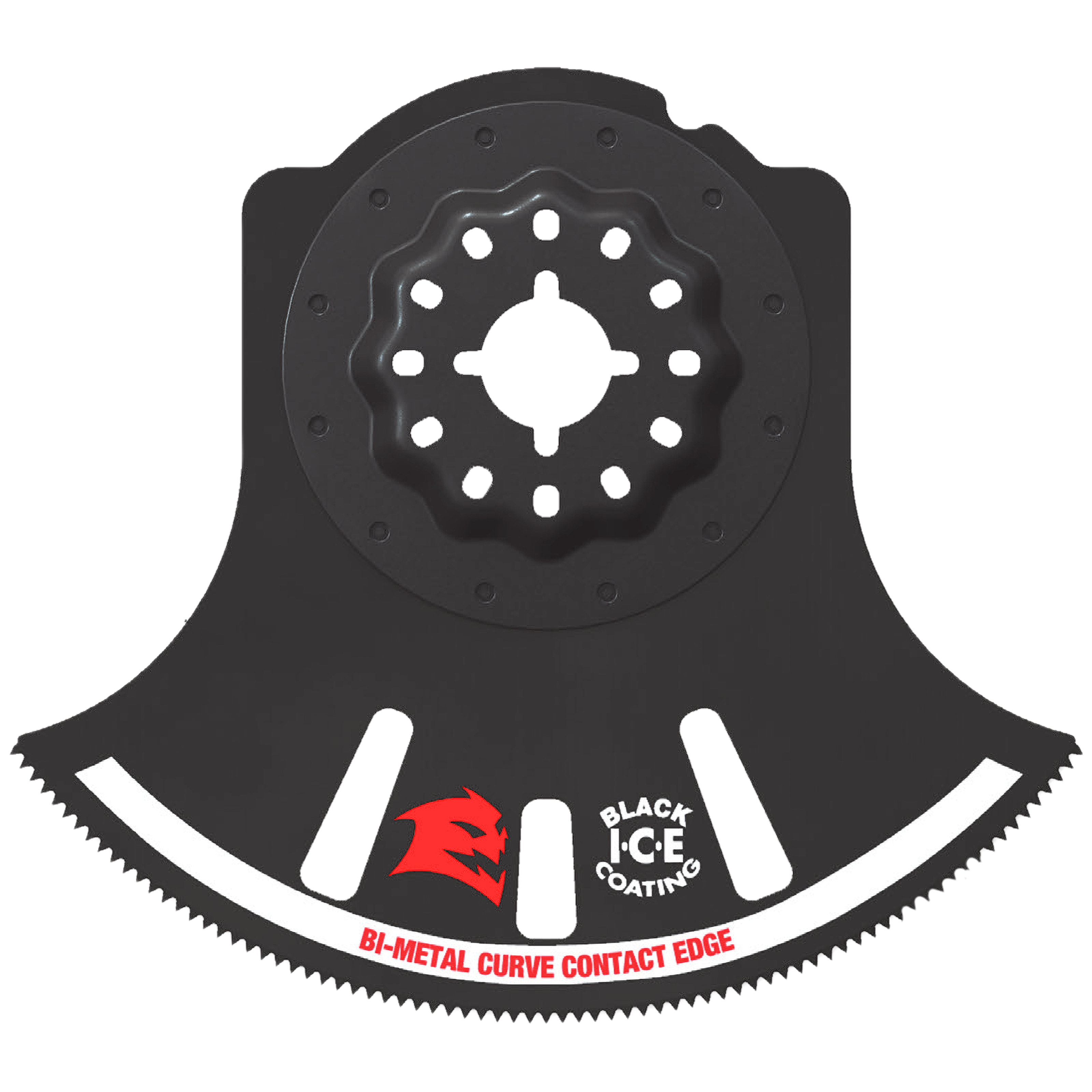 Black Diablo Starlock oscillating blade with curved cutting edge, white slots, and red "Black Ice Coating" branding.