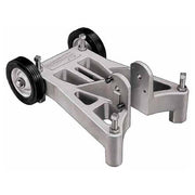 Gray metal assembly base with two black wheels and multiple rectangular slots for mounting equipment.