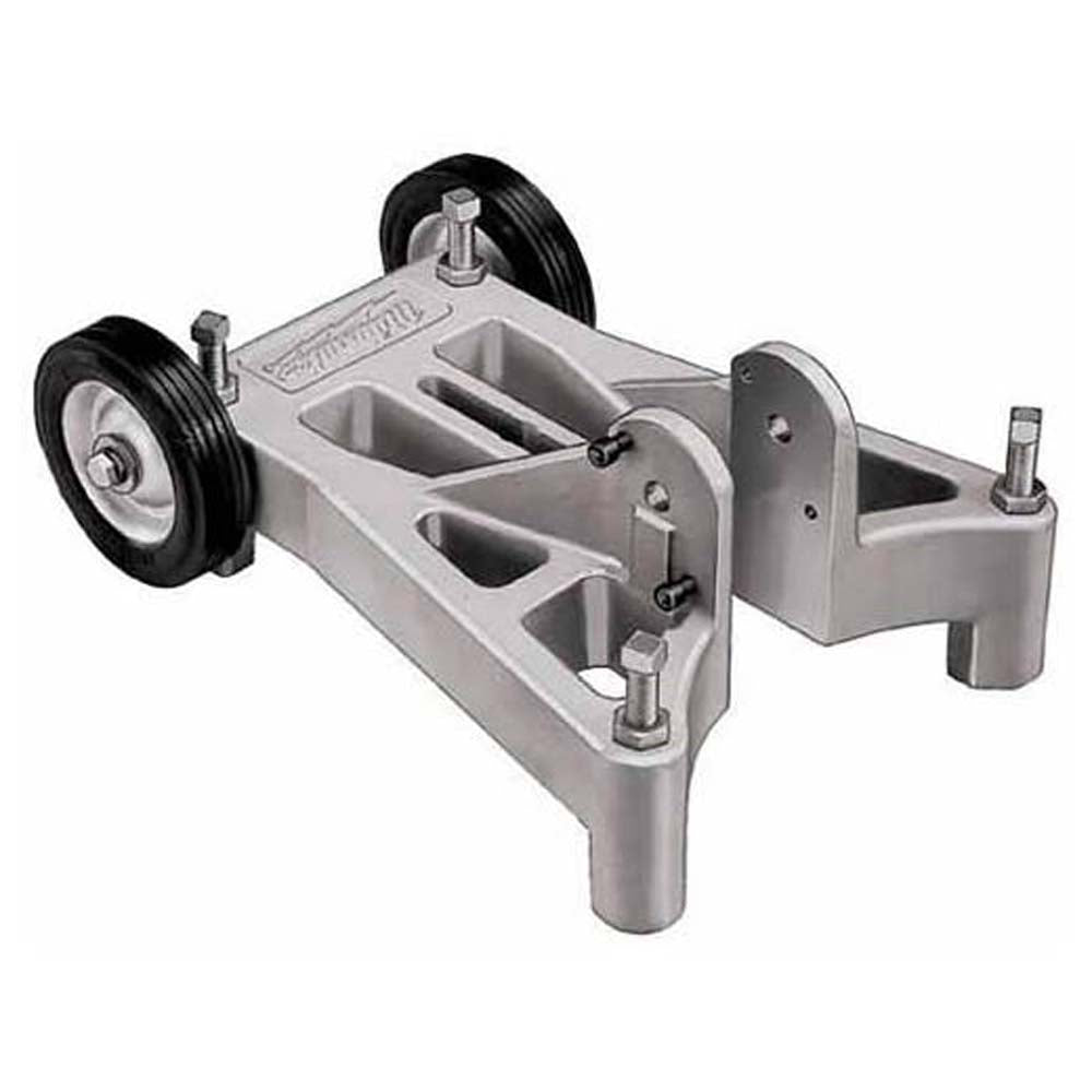 Gray metal assembly base with two black wheels and multiple rectangular slots for mounting equipment.