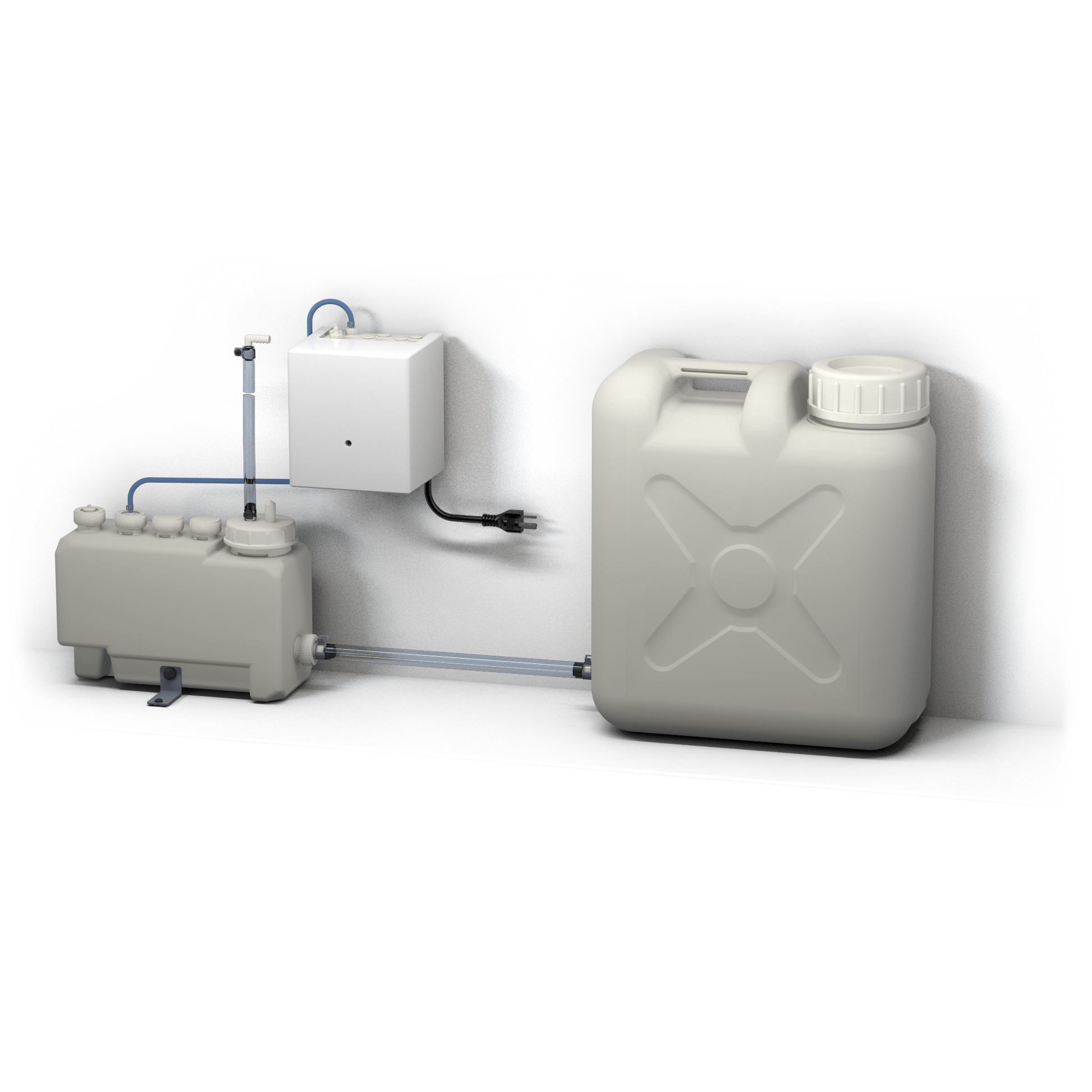 Blue and gray connector hose assembly for Toto touchless soap dispenser system with storage containers.