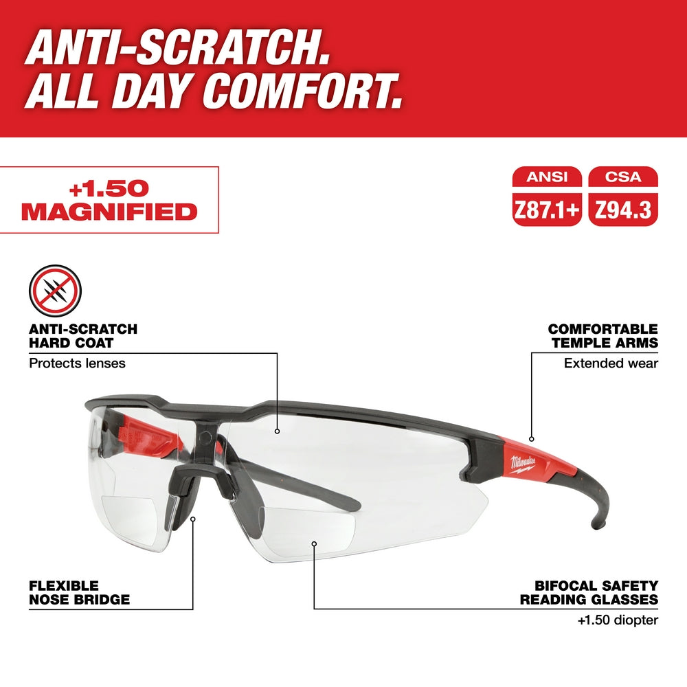 Black and red safety glasses with clear bifocal lenses and +1.50 magnification for reading.