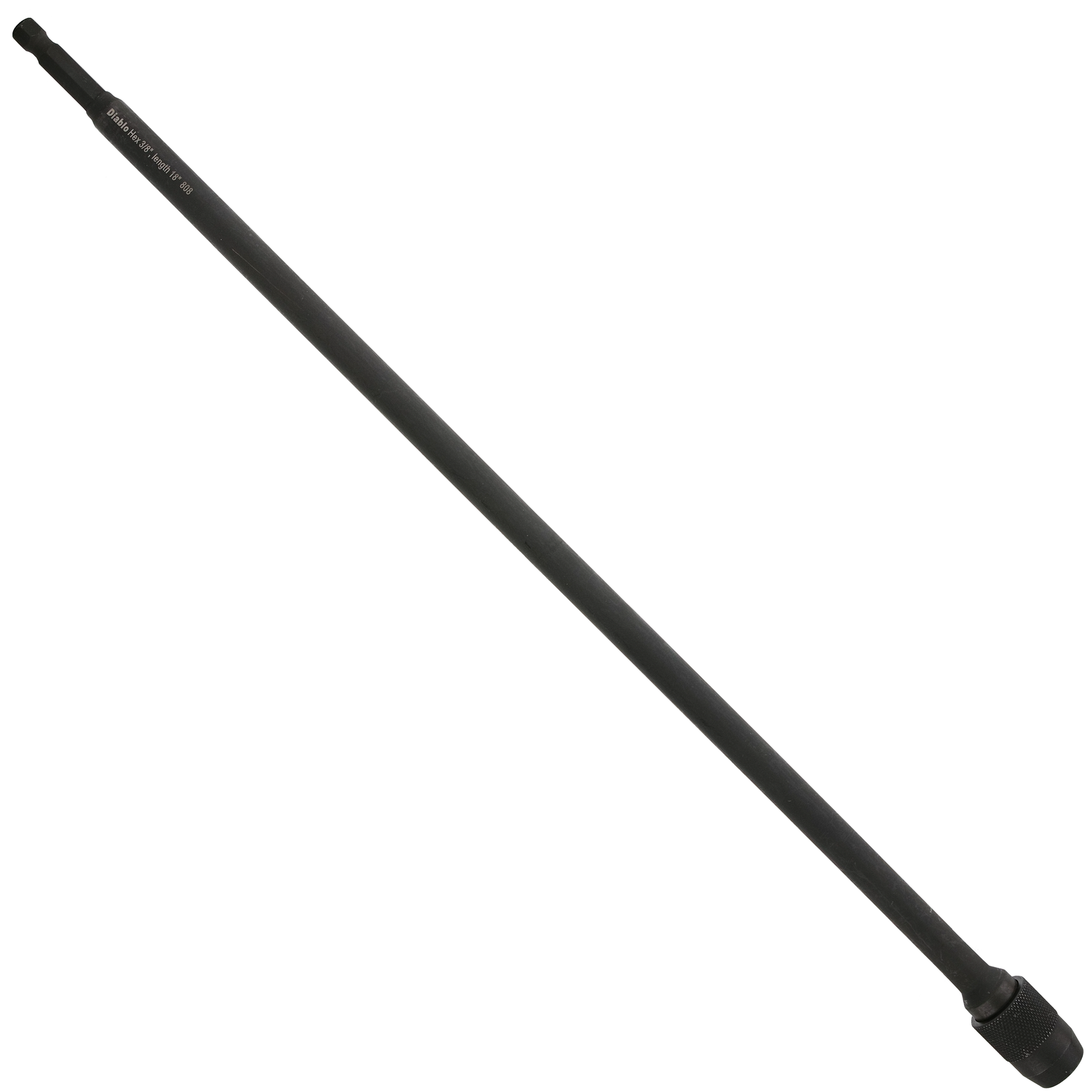 Black cylindrical extension rod with textured grip end and product markings along the shaft.
