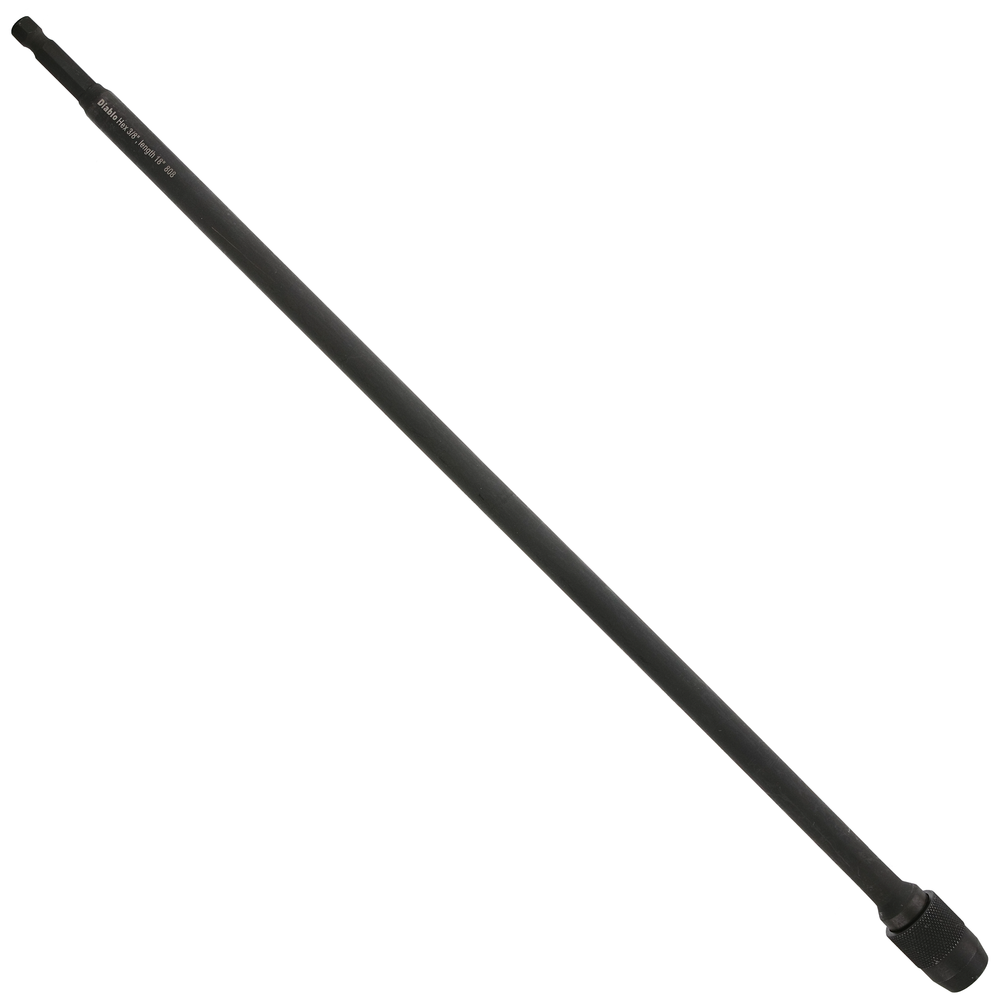 Black cylindrical extension rod with textured grip end and product markings along the shaft.