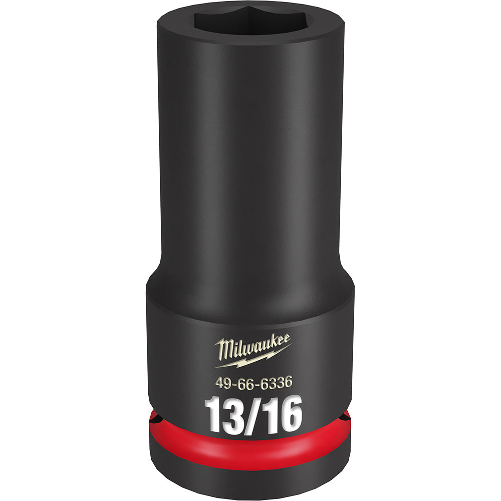Black deep socket with hexagonal opening and red band near base, labeled "13/16" and Milwaukee branding.