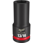 Black deep socket with hexagonal opening and red band near base, labeled "13/16" and Milwaukee branding.