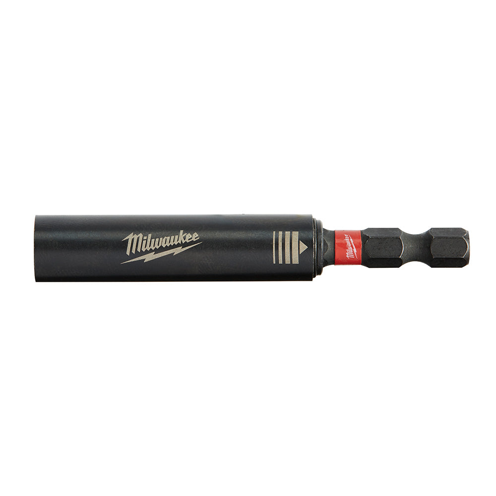 Black Milwaukee magnetic drive guide with red band and hex bit attachment on white background.