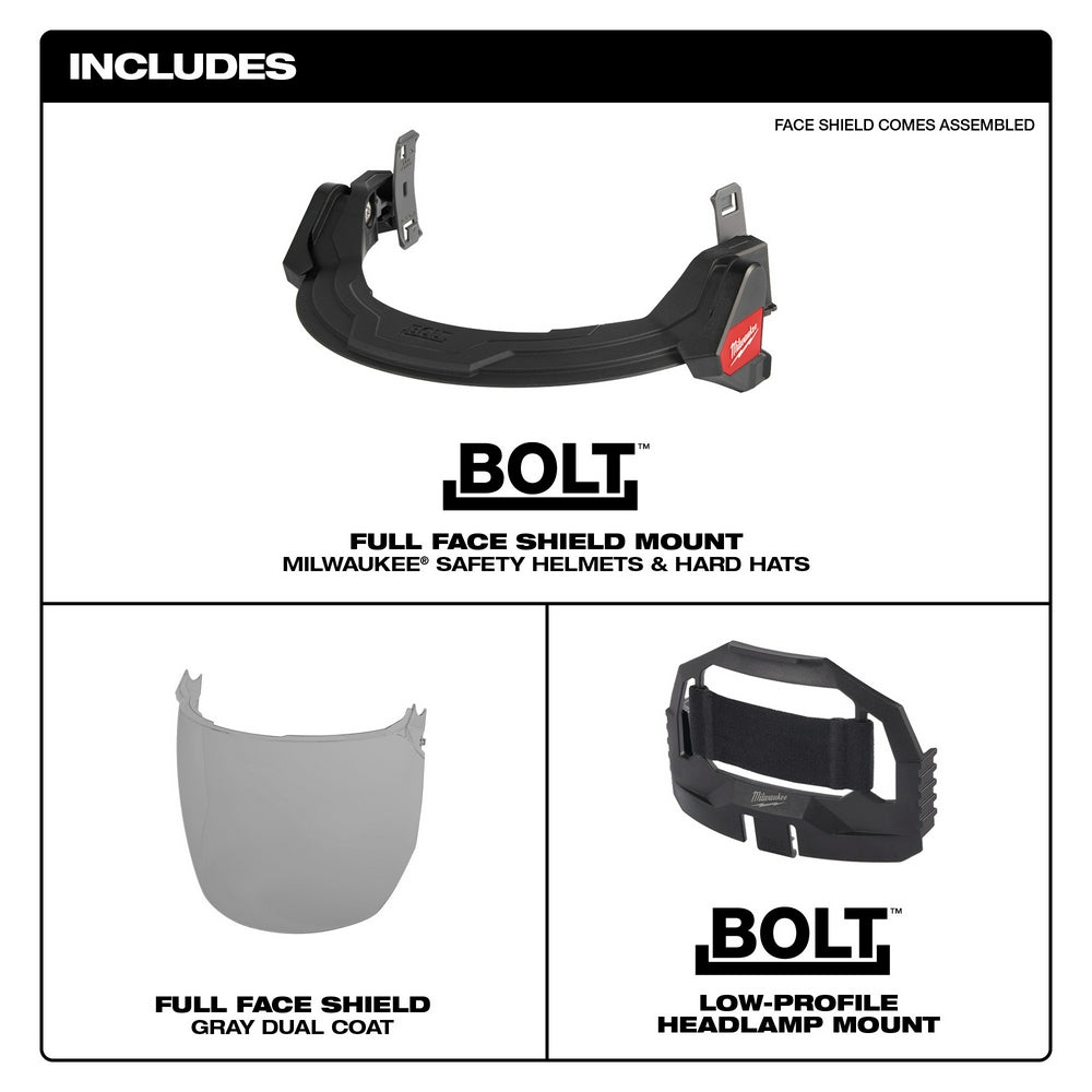 Milwaukee BOLT full face shield with gray dual coat lens and mounting bracket for safety helmets and hard hats.
