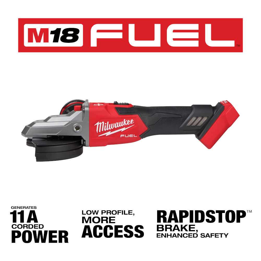 Milwaukee M18 FUEL red and black 5" flathead braking grinder with slide switch lock-on shown from side angle.