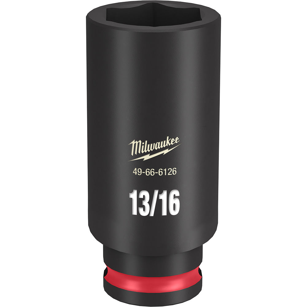 Black Milwaukee Shockwave Impact Duty deep socket with 13/16" marking and red grip band on base.