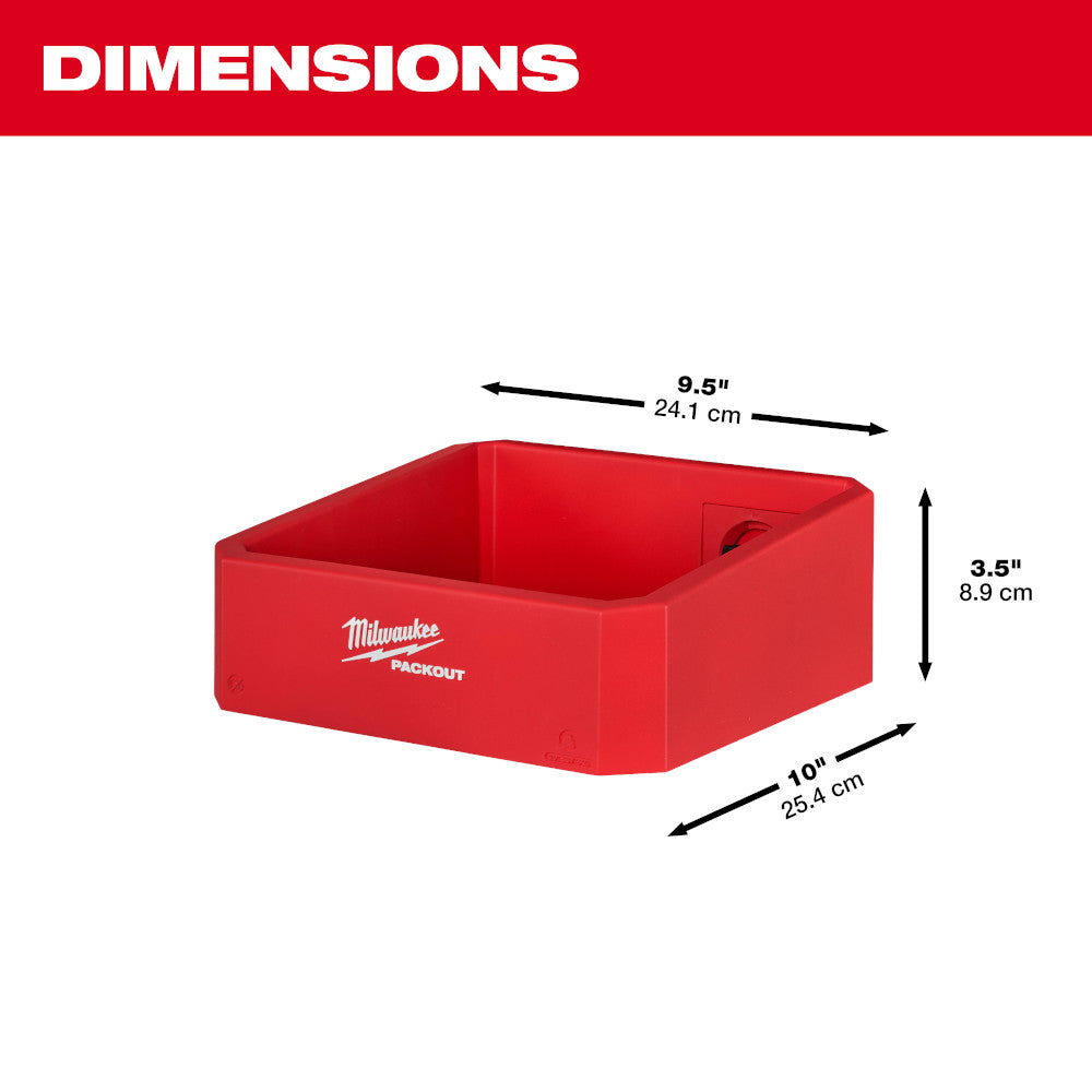 Red Milwaukee PACKOUT compact shelf with dimensions of 9.5" width, 10" depth, and 3.5" height.