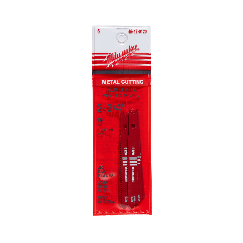 Five Milwaukee high speed steel jig saw blades with metal cutting designation on red packaging.