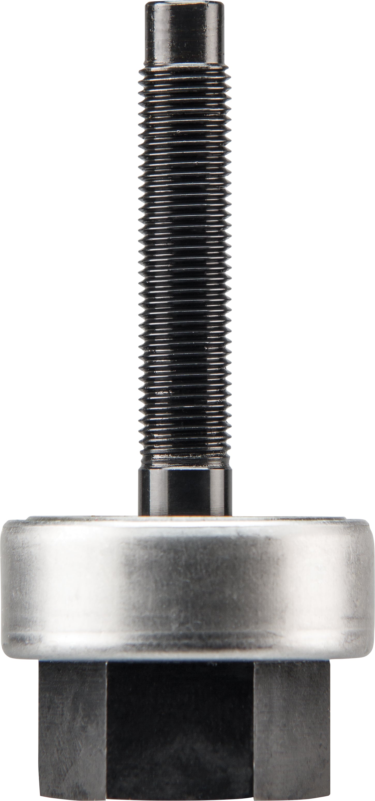 Black threaded draw stud with polished metal base and cylindrical top, 3/8 inch size.