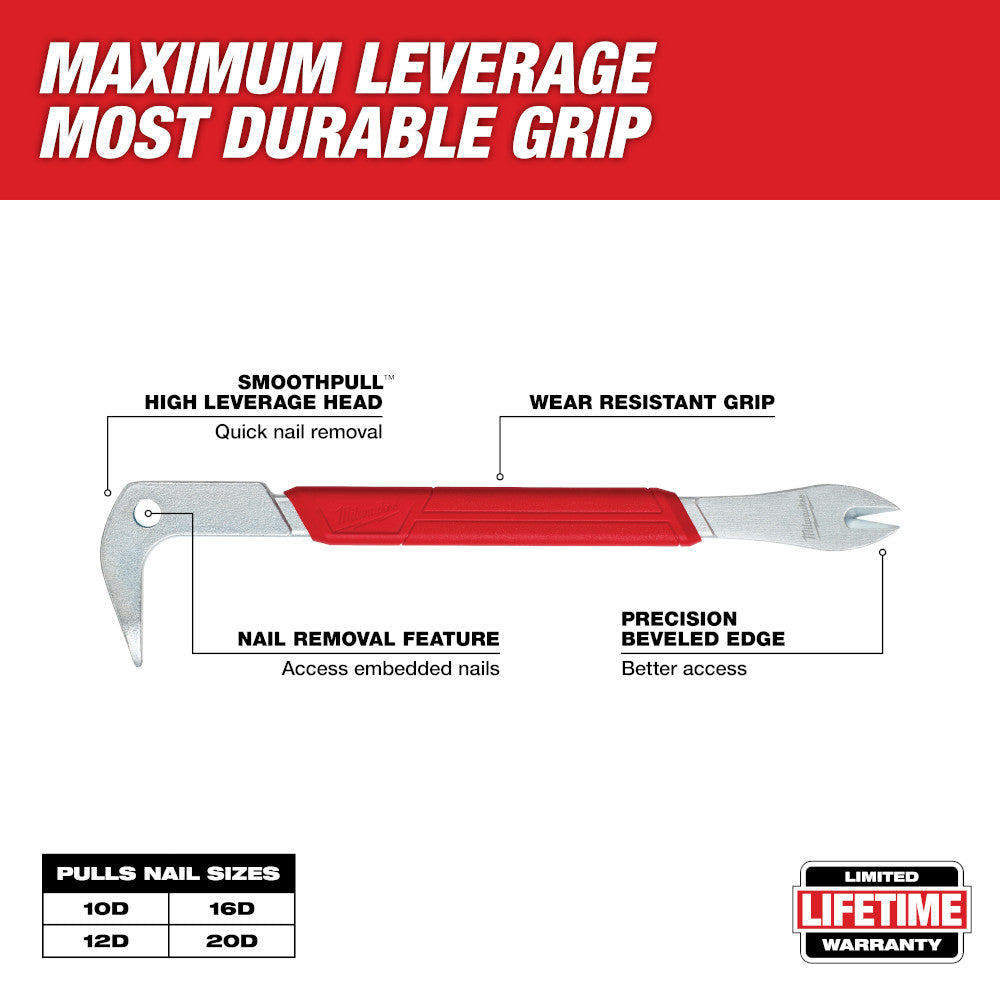 Milwaukee 12-inch nail puller with red grip, curved claw head, and beveled edge for nail removal.
