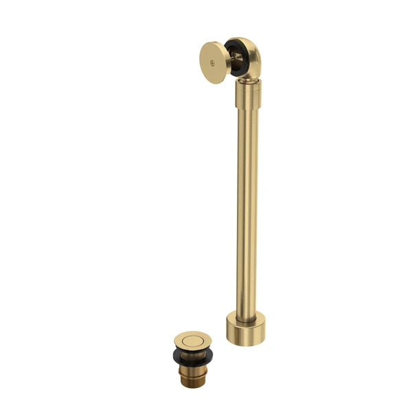Antique gold freestanding bathtub drain assembly with vertical pipe, wall-mounted elbow connector, and pop-up drain plug.