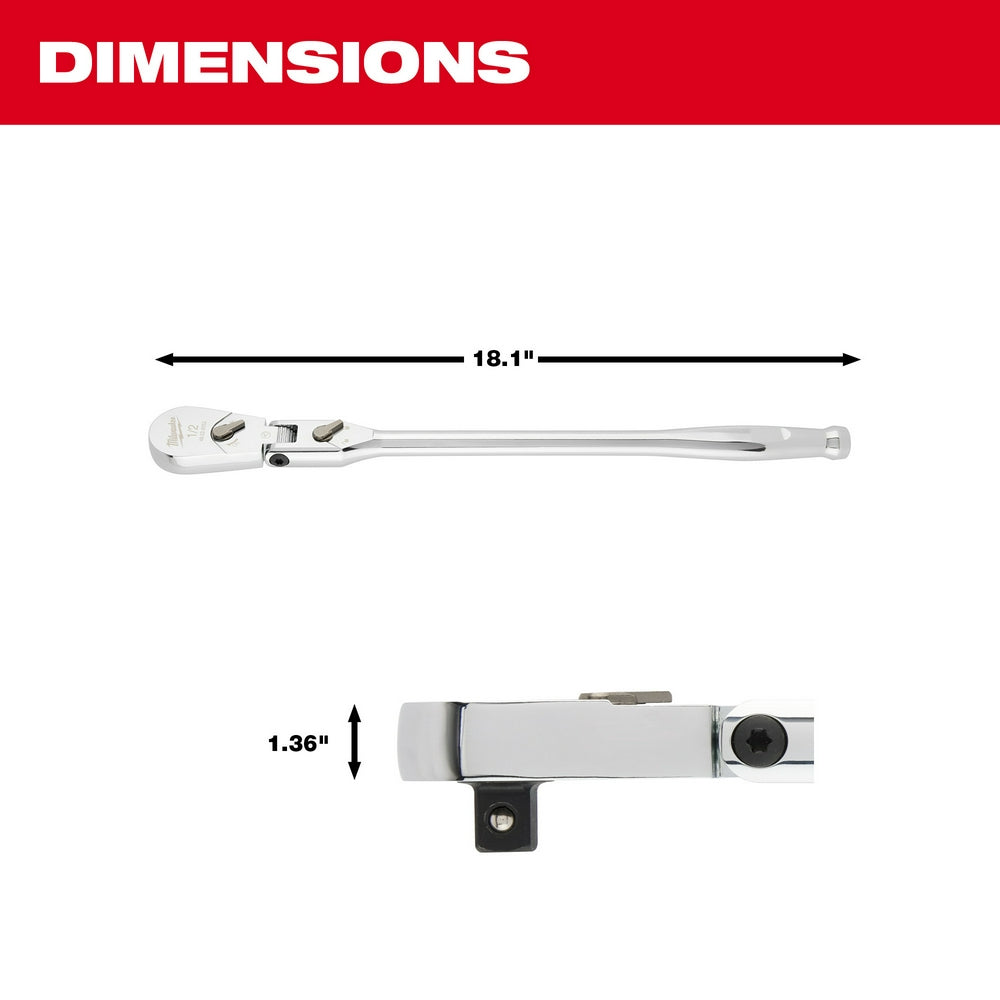 Silver 1/2" drive flex head ratchet with articulating head, measuring 18.1" long overall.