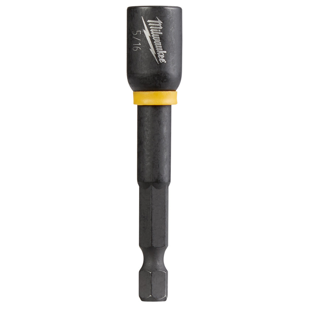 Black magnetic nut driver with yellow band, 5/16 inch hex head and Milwaukee branding on socket.