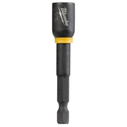 Black magnetic nut driver with yellow band, 5/16 inch hex head and Milwaukee branding on socket.