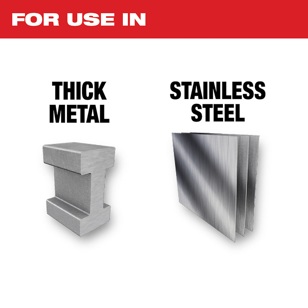 Milwaukee TORCH 9" carbide teeth reciprocating saw blade with 8 teeth per inch for cutting thick metal and stainless steel.