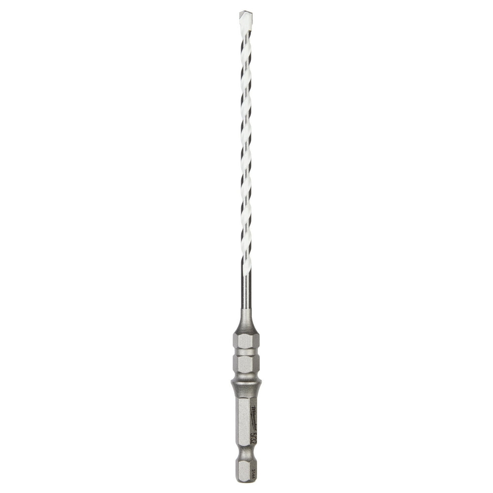 Silver spiral drill bit with hexagonal shank and fluted cutting end for concrete applications.