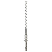 Silver spiral drill bit with hexagonal shank and fluted cutting end for concrete applications.