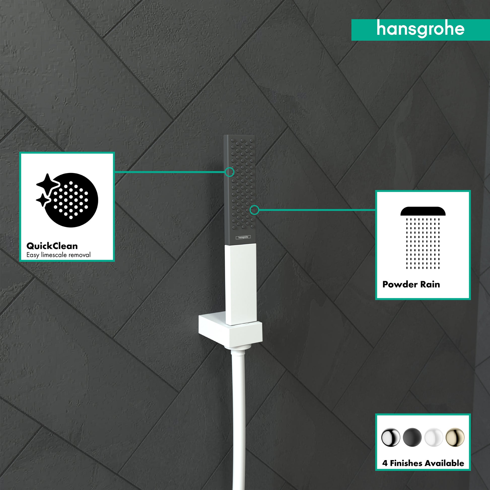 Matte white rectangular handheld shower head with perforated spray face mounted on wall bracket against dark tile background.