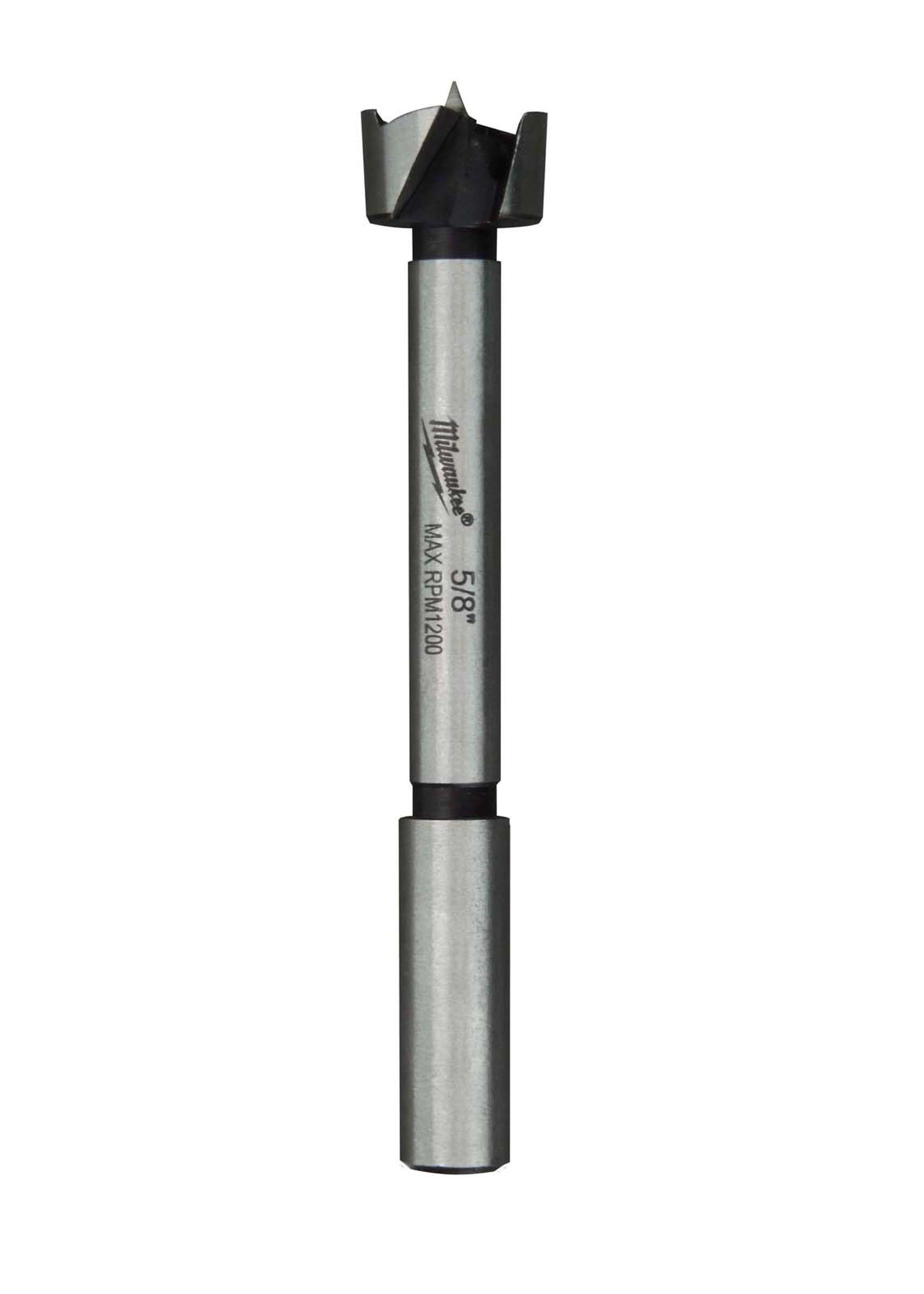Milwaukee 1/2 inch Forstner bit with gray metal shaft and black cutting head against white background.