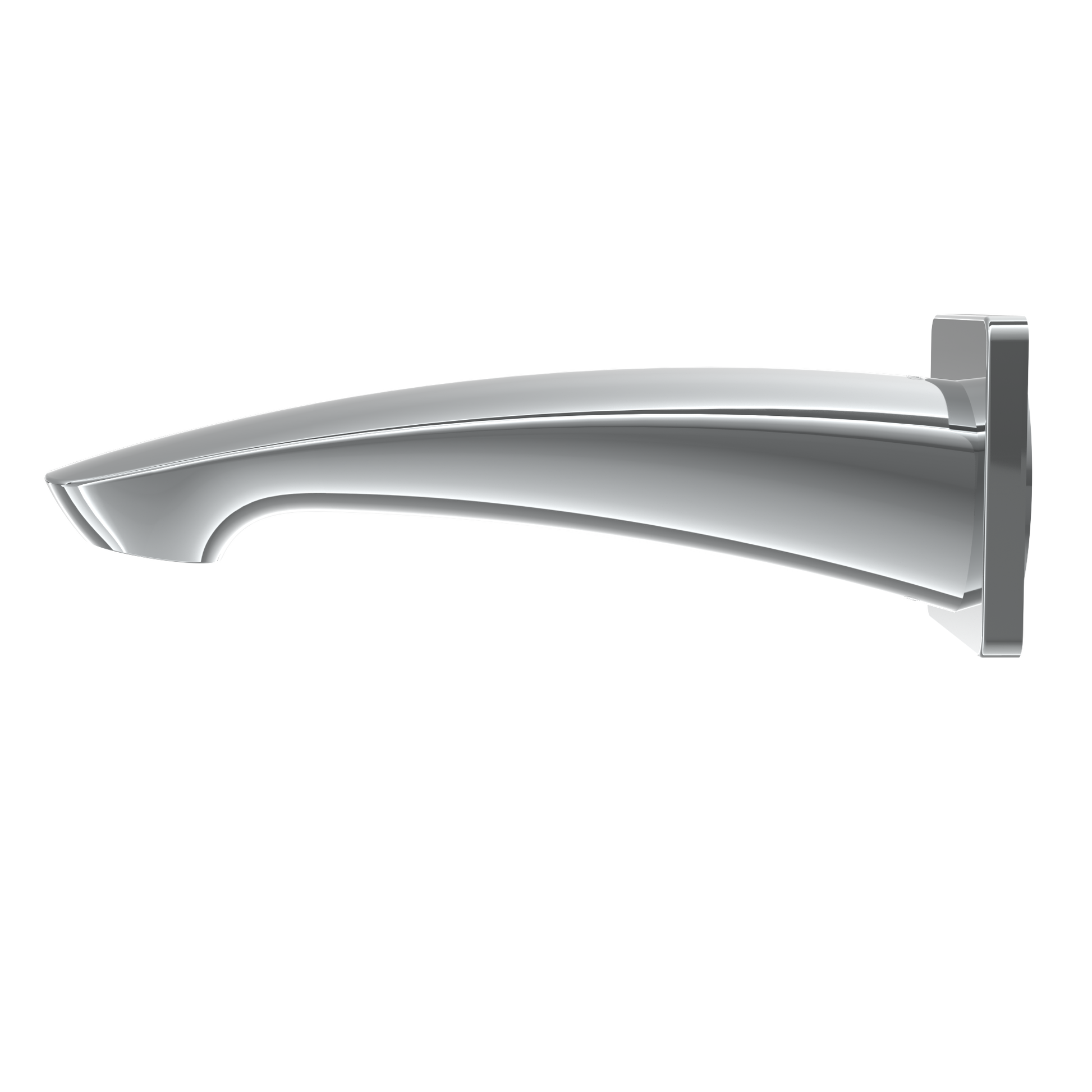 Polished chrome wall-mounted tub spout with curved curved outlet and rectangular mounting plate.
