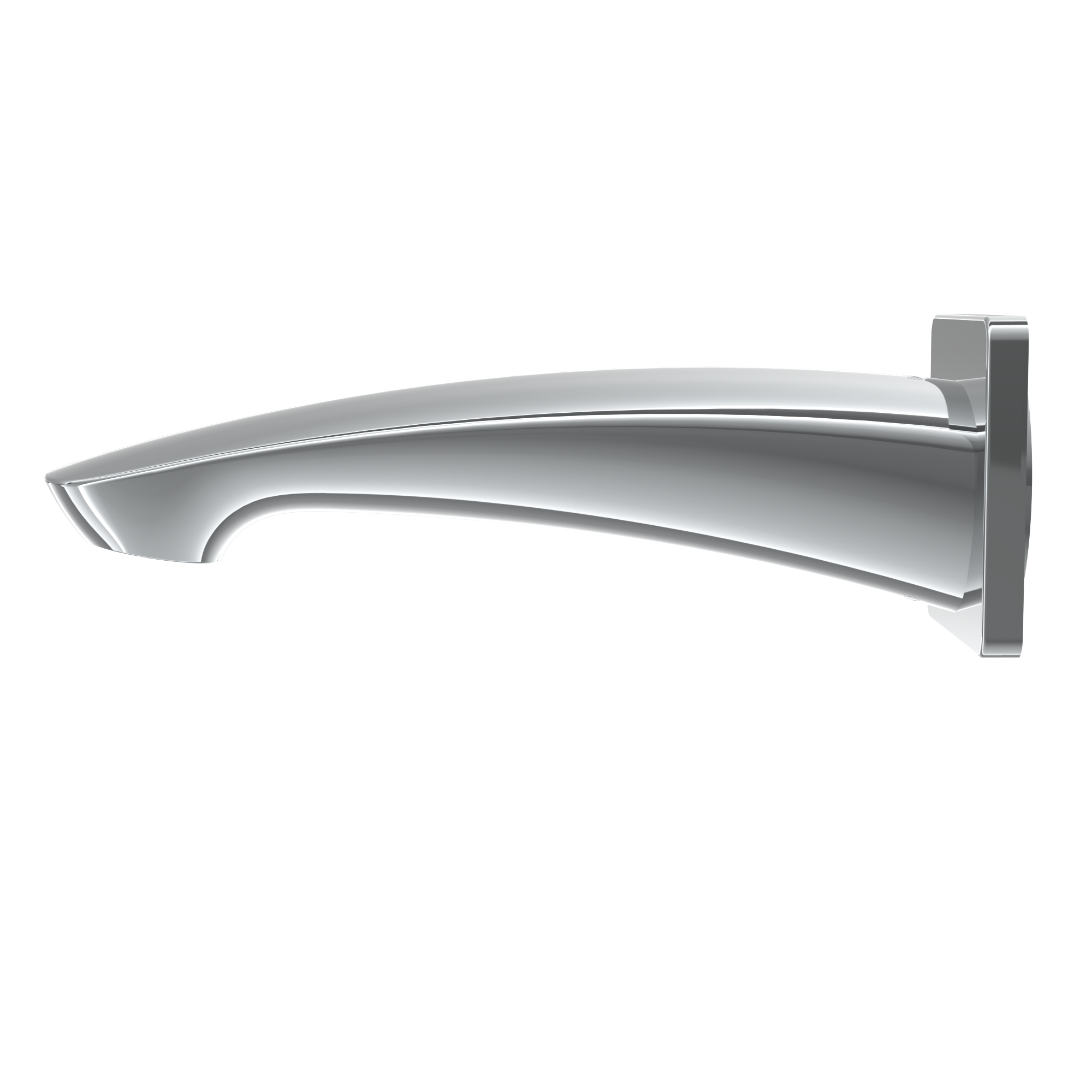Polished chrome wall-mounted tub spout with curved curved outlet and rectangular mounting plate.