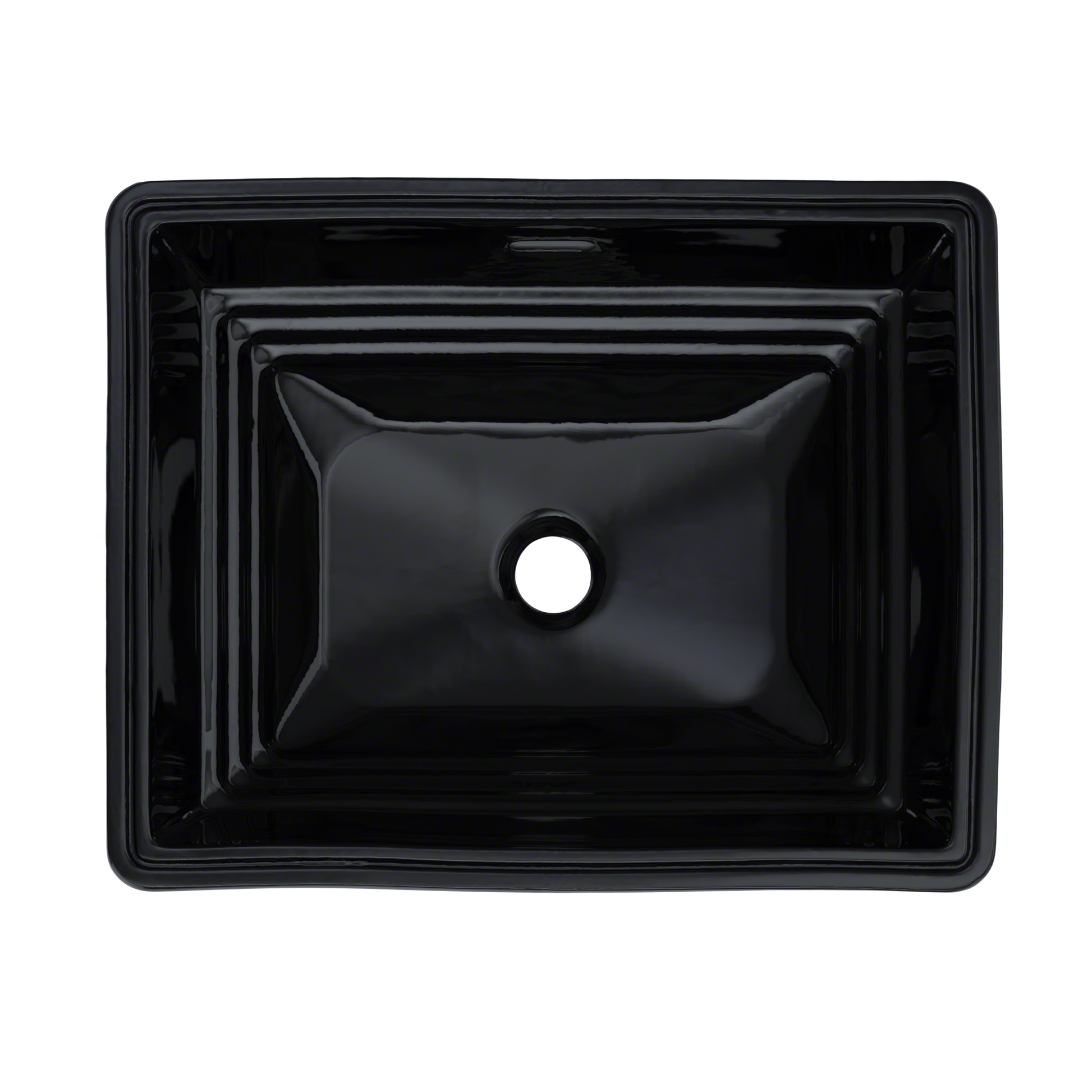 Black rectangular undermount bathroom sink with single drain hole, viewed from above.