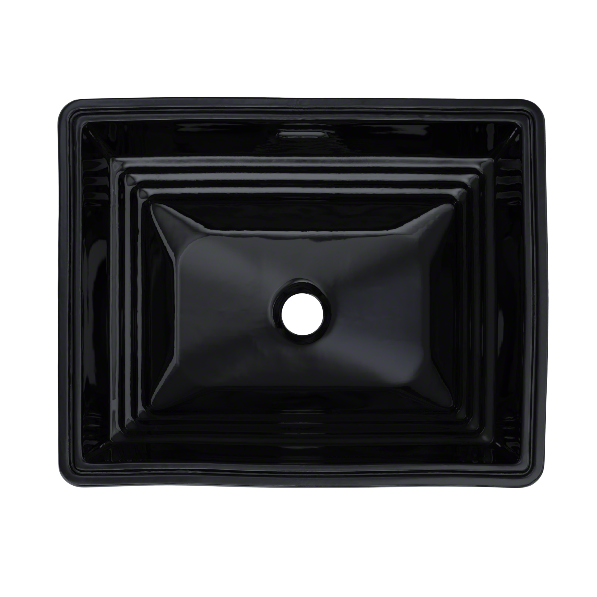 Black rectangular undermount bathroom sink with single drain hole, viewed from above.