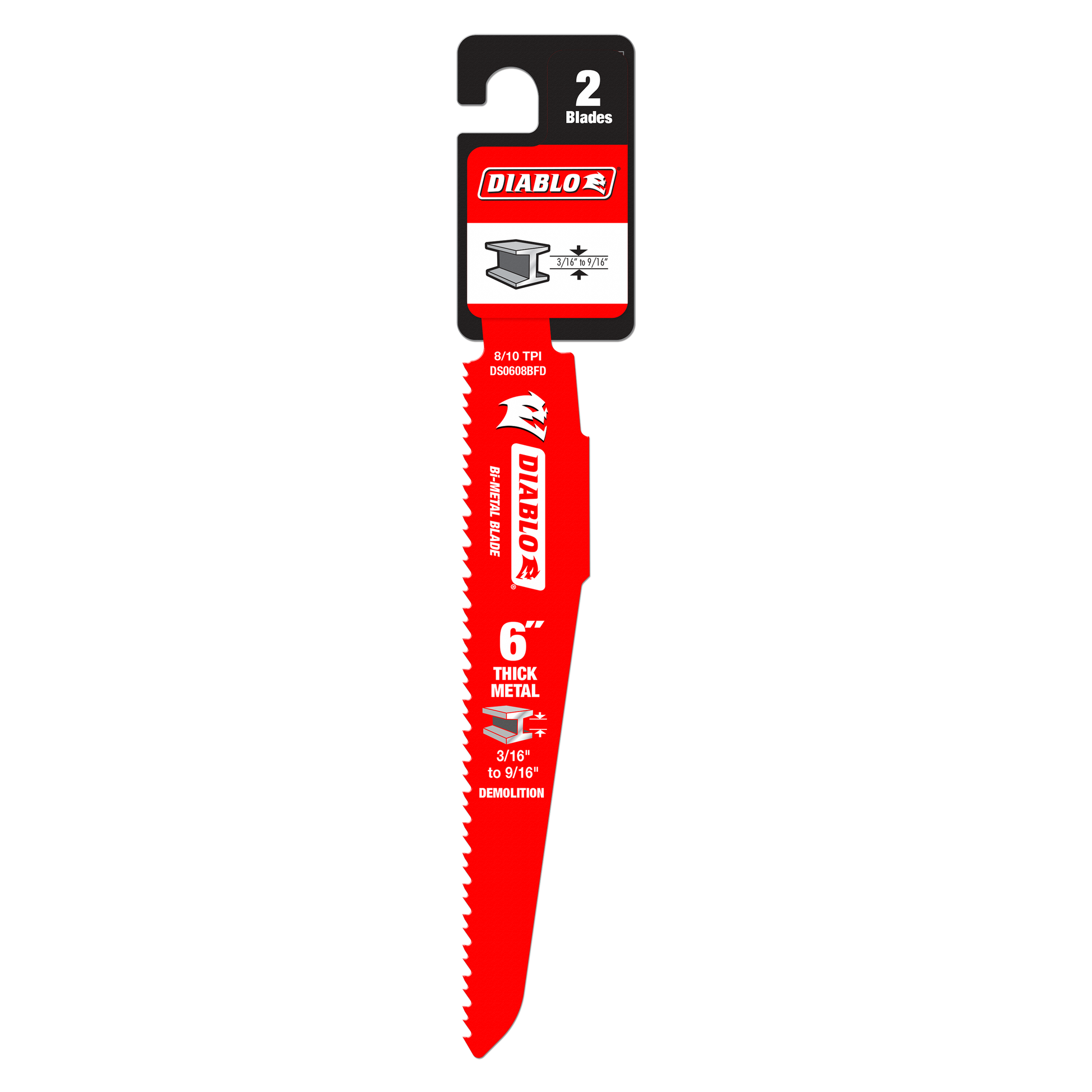 Two Diablo red bi-metal reciprocating saw blades with serrated cutting edges in packaging labeled for thick metal and demolit