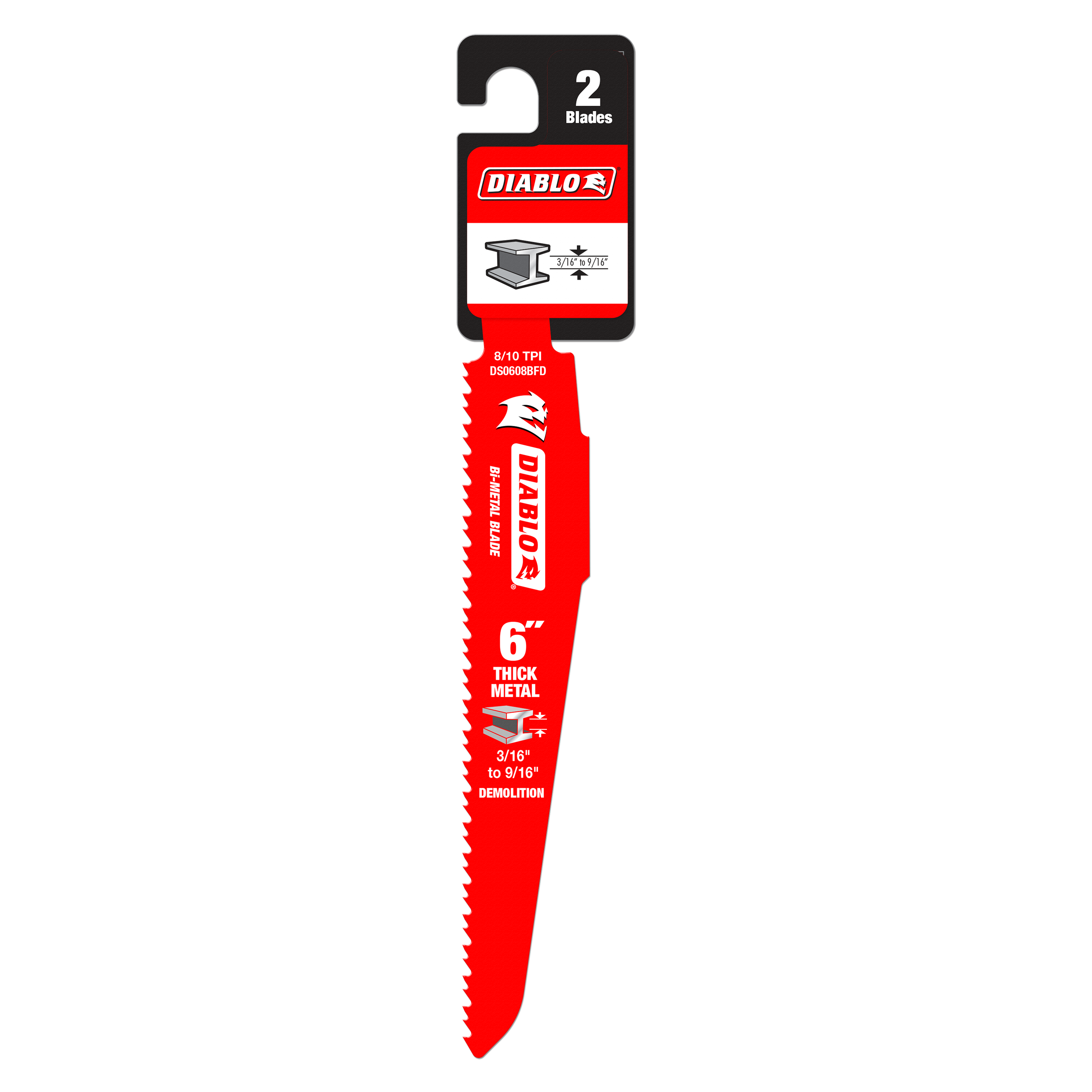 Two Diablo red bi-metal reciprocating saw blades with serrated cutting edges in packaging labeled for thick metal and demolit