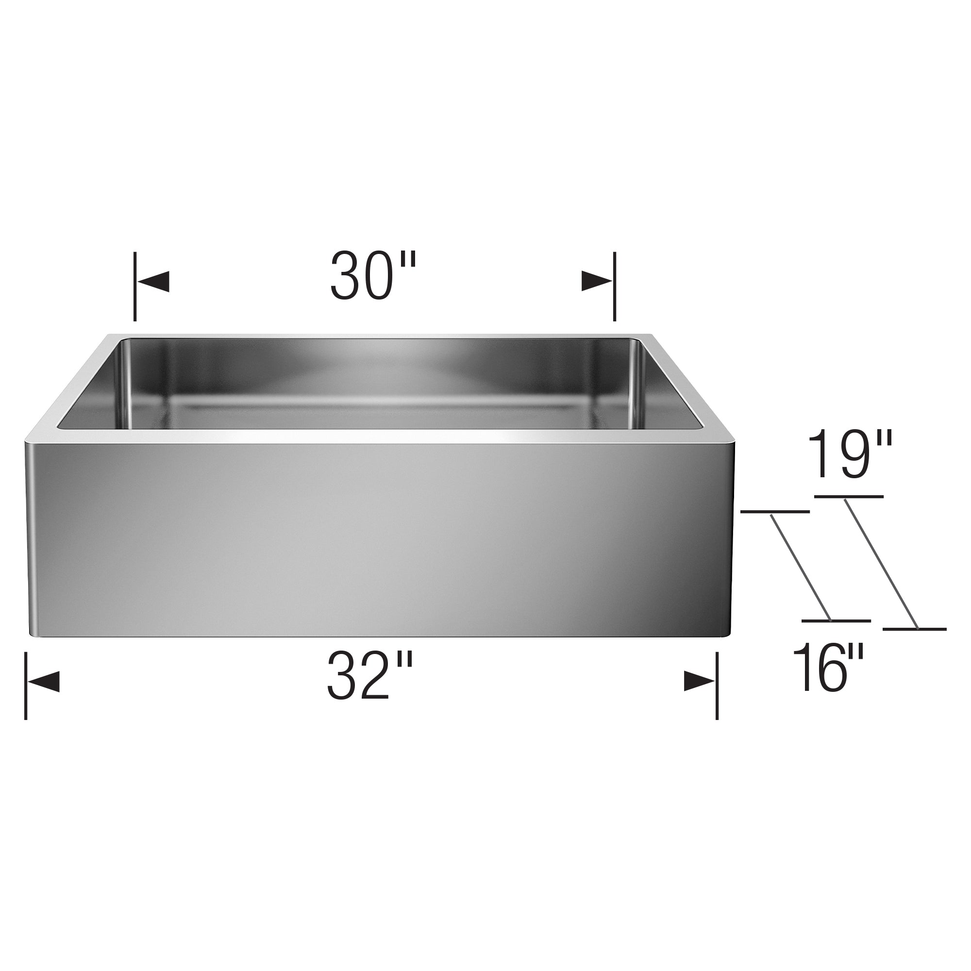 Stainless steel apron front single bowl kitchen sink with 30-inch width and 19-inch depth.