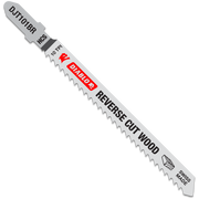 High carbon steel T-shank jig saw blade with 10 TPI teeth for reverse cutting in wood.