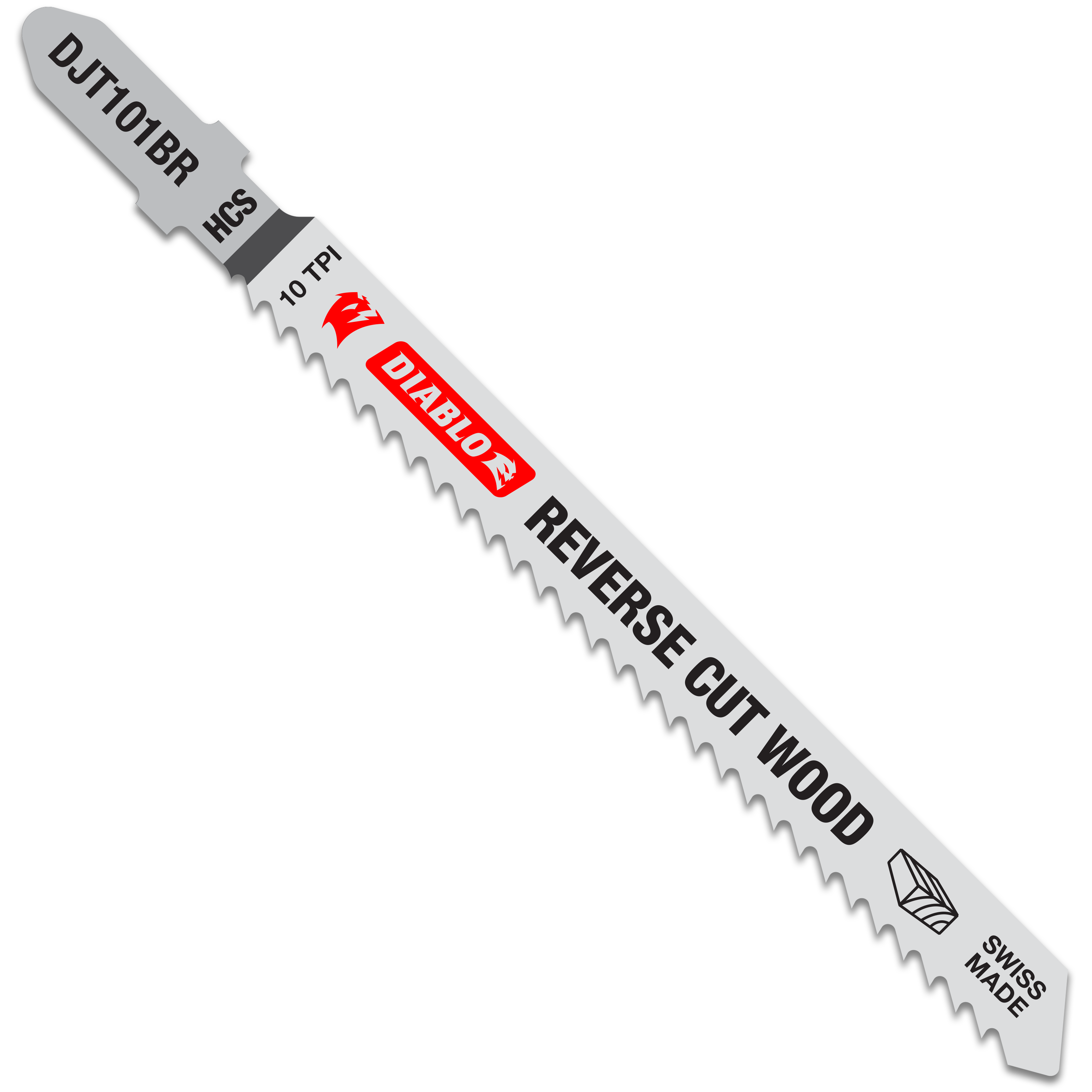 High carbon steel T-shank jig saw blade with 10 TPI teeth for reverse cutting in wood.