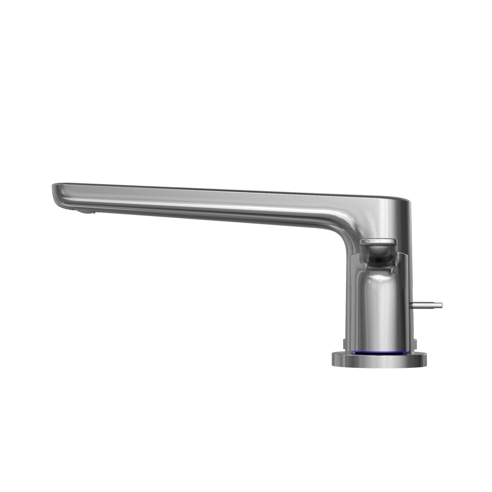 Polished chrome deck-mount roman tub filler with two handles and curved spout.