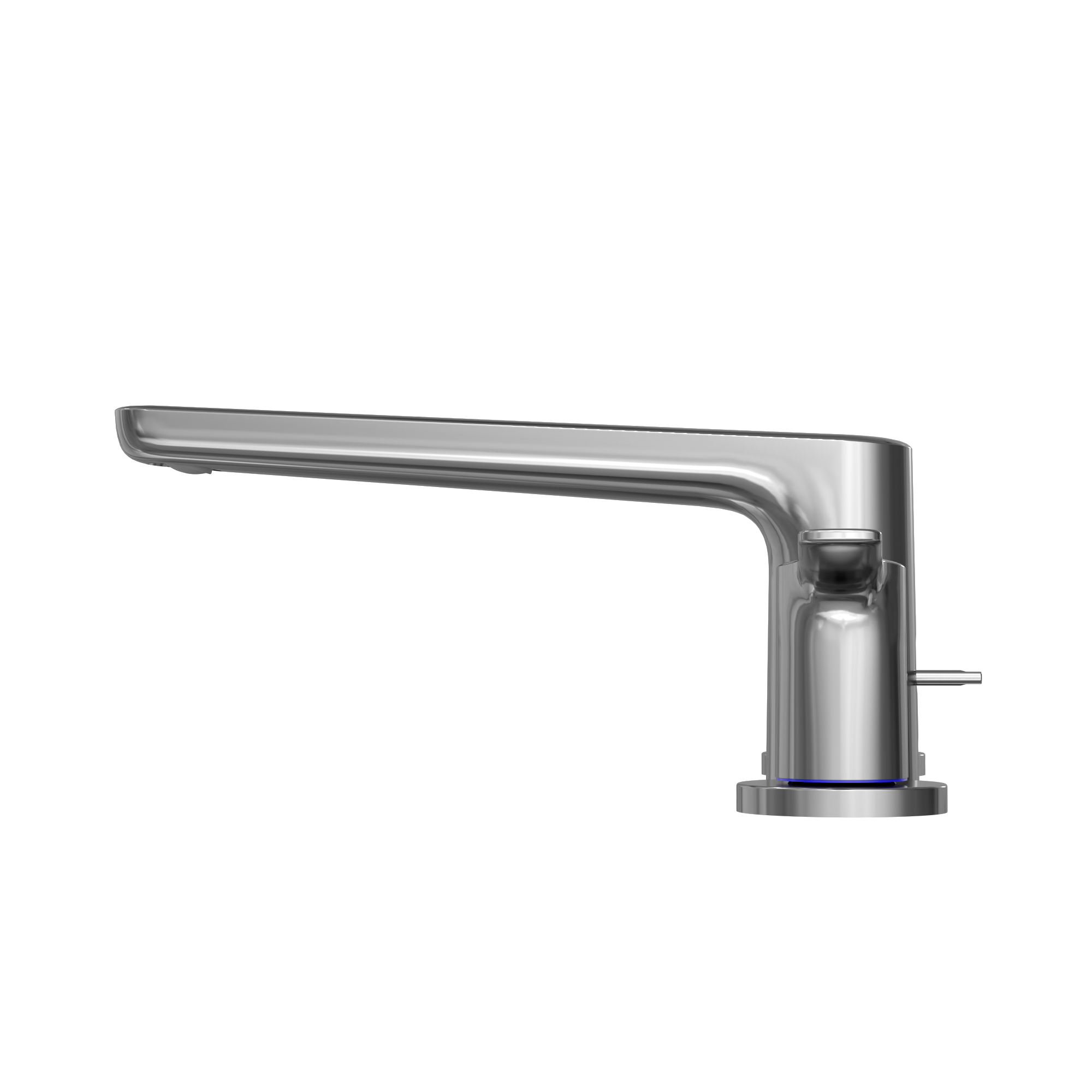 Polished chrome deck-mount roman tub filler with two handles and curved spout.