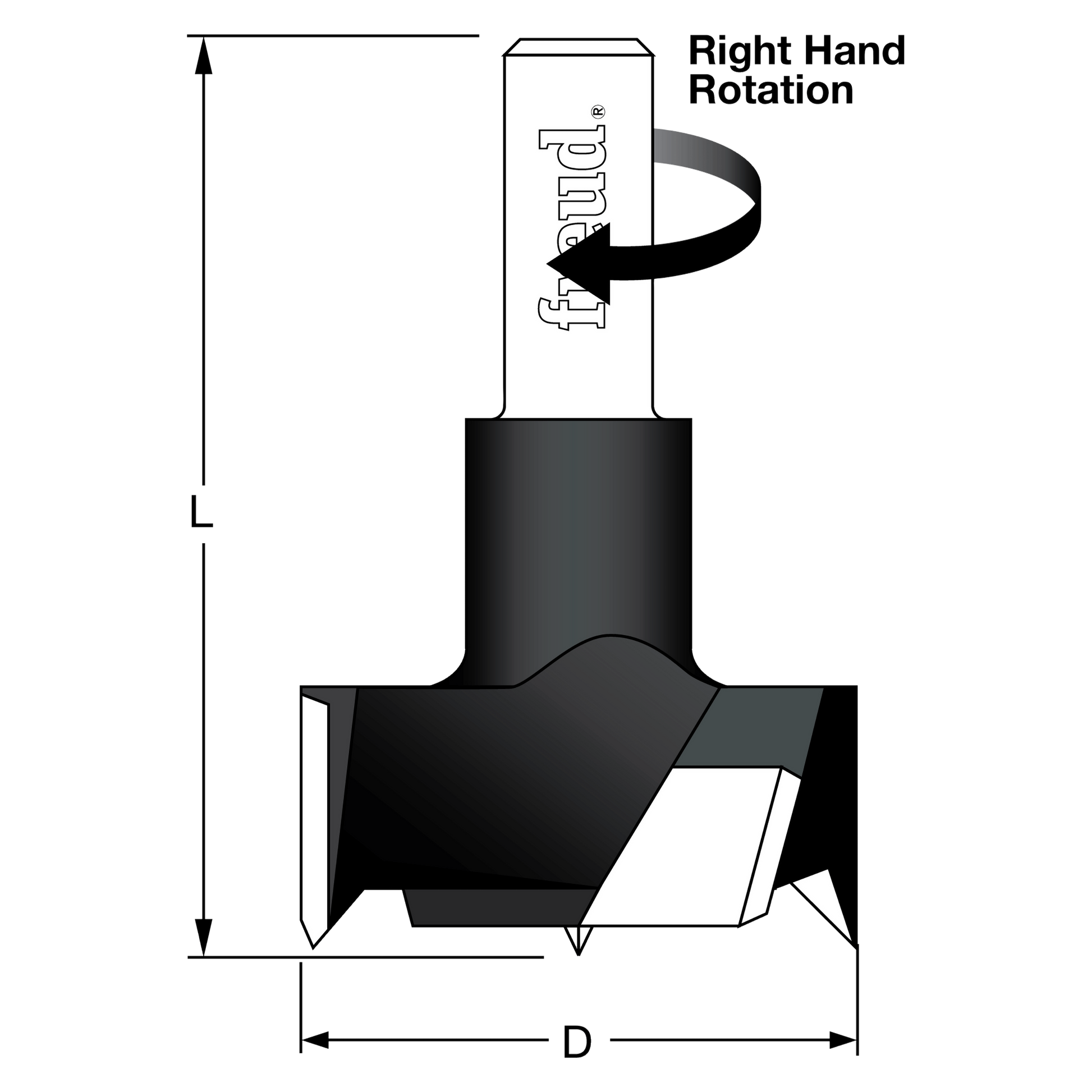 24mm cylinder hinge bit with right-hand rotation, showing black cutting head and shank with dimension markers.
