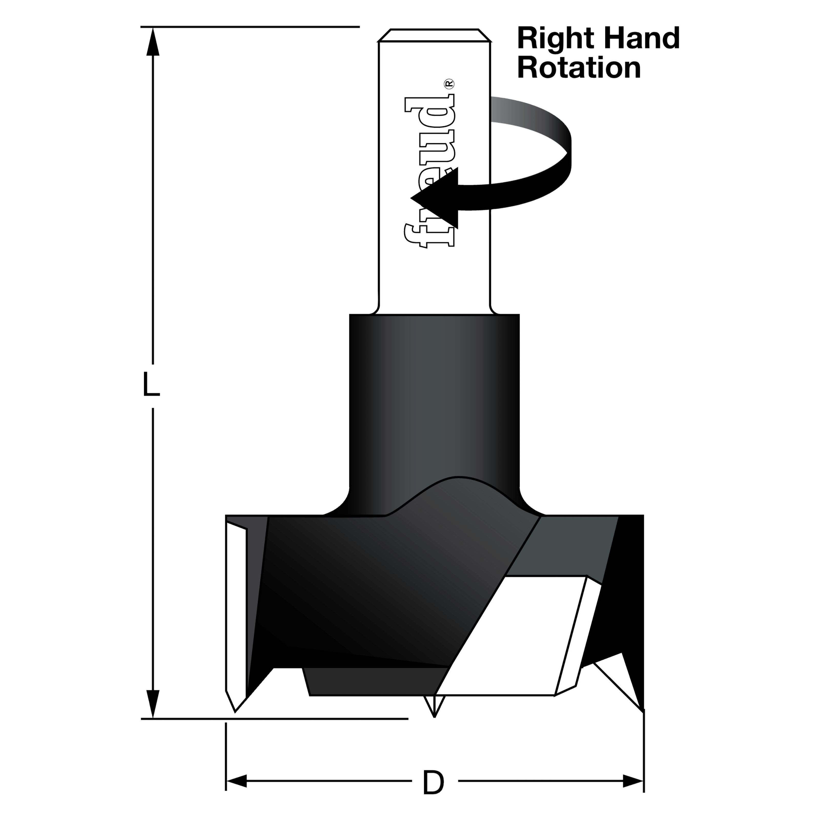 Black cylinder hinge bit with 30mm diameter, shown with right-hand rotation arrow and dimension markers.