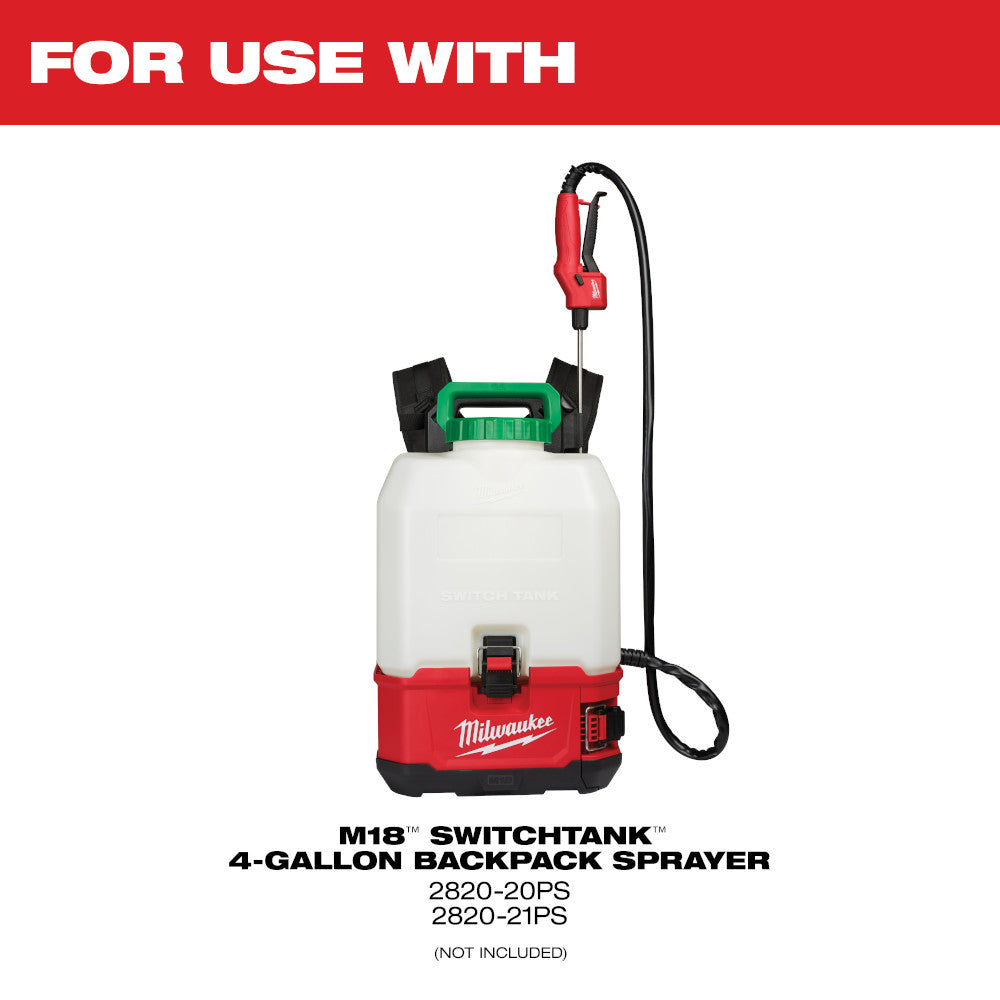 Red and black sprayer wand with black hose attached to red pump handle and green connector base.