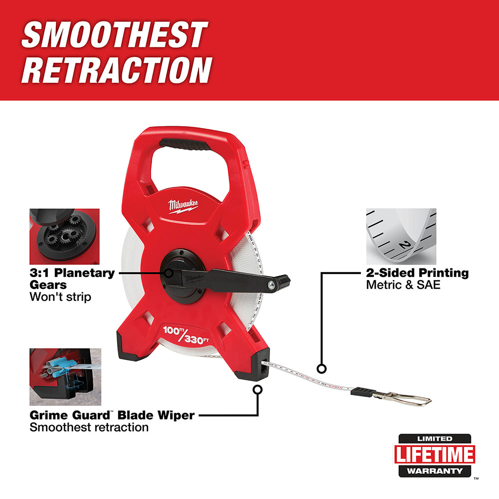 Red Milwaukee fiberglass tape measure reel with black crank handle, metric and SAE markings on extended tape.