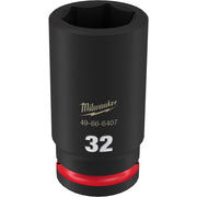 Black deep socket with 32MM size marking, Milwaukee logo, and red grip band at base.
